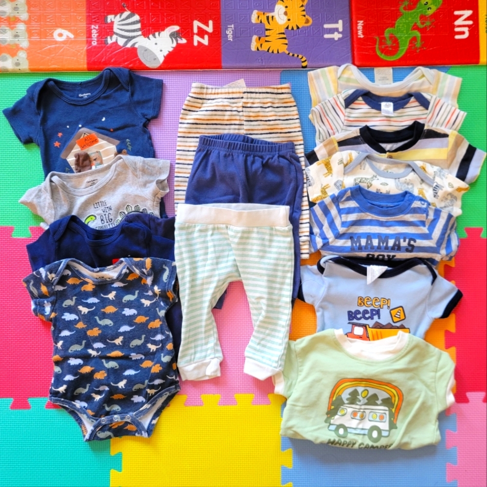 Baby Boy Assorted brand and size clothes 6 month onesie & Assorted 6 month pants